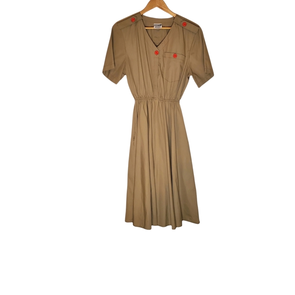 Revolution Muse Army-Influenced Dress with Pocket, Gathered Waist & Red Buttons